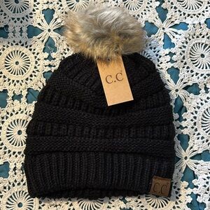 C.C  Stretch Cable Knit Ribbed Super Soft‎ Faux Fur Pom Pom Beanie Hat cc